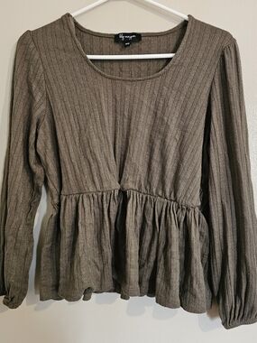 Ribbed Peplum Long-Sleeve Top in Taupe by Lily Morgan
